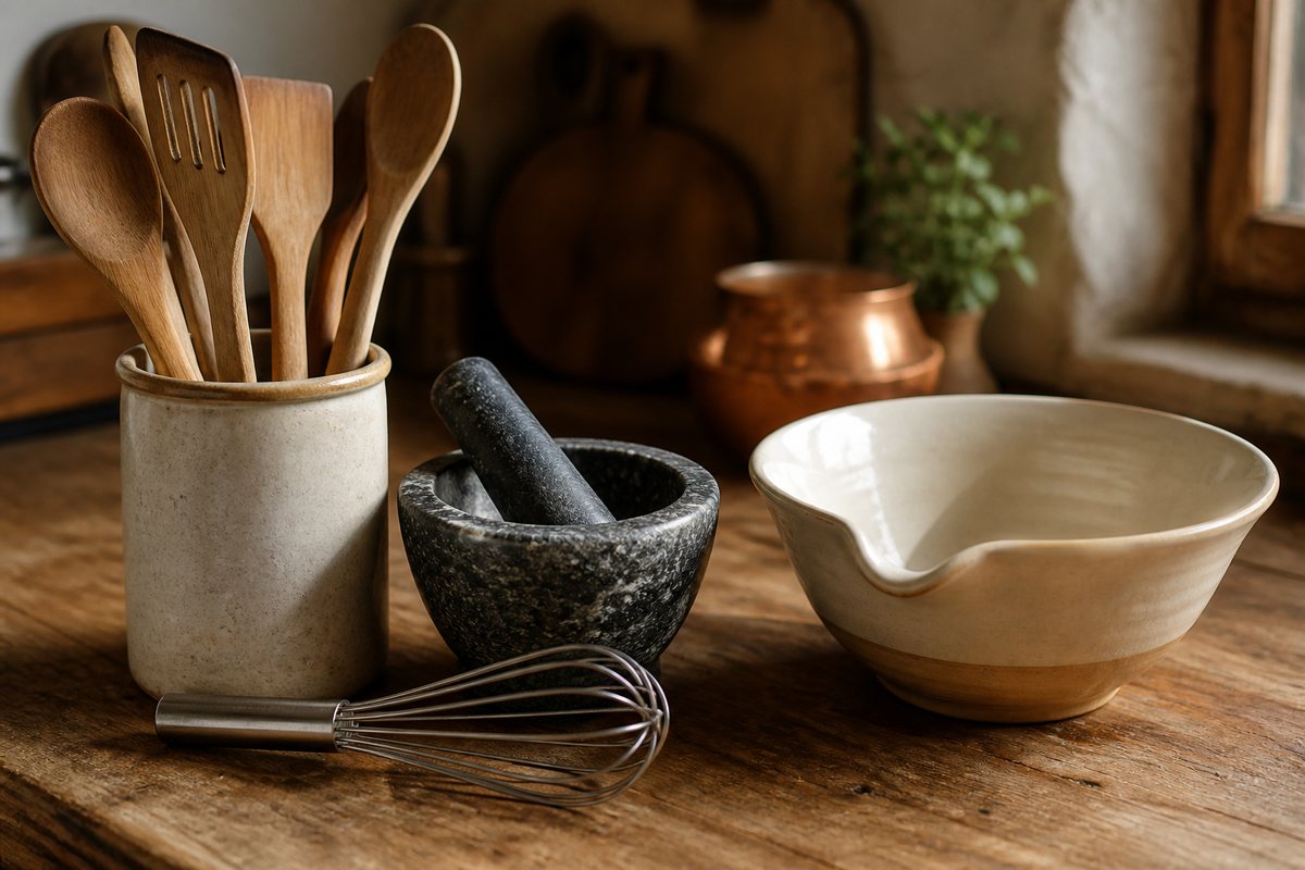 Wooden and stainless kitchen tools resting on a worn wooden worktop beside a mixing bowl